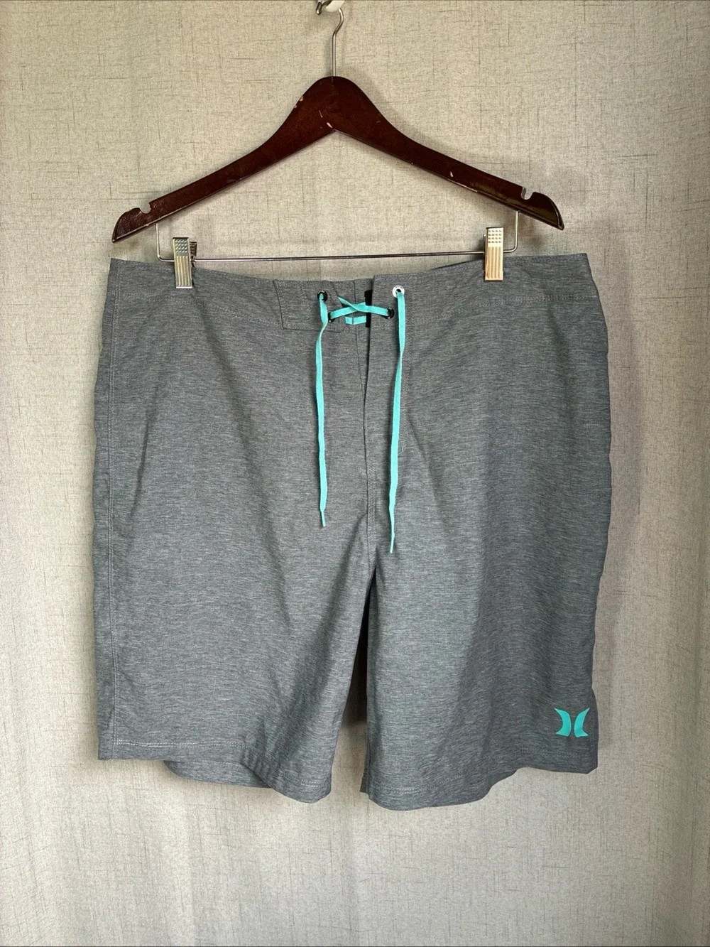 Hurley Mens Board Shorts 36 Gray Teal Swim Surf Shorts Drawstring Performance